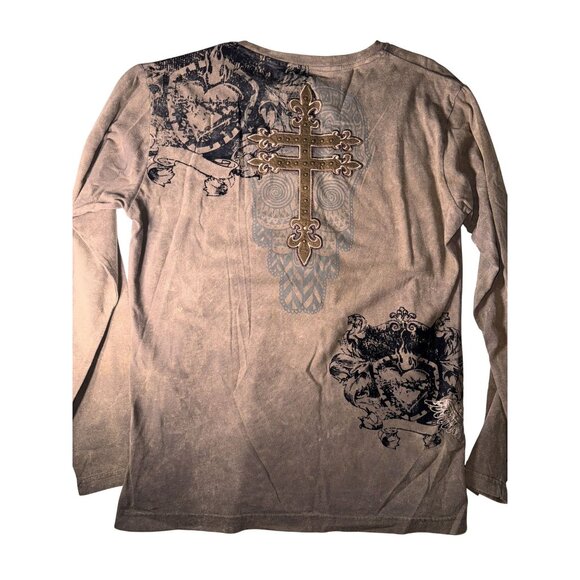 Franky Max XL Taupe Long Sleeve Distressed Cross all over Graphic Tee affliction - Picture 7 of 10